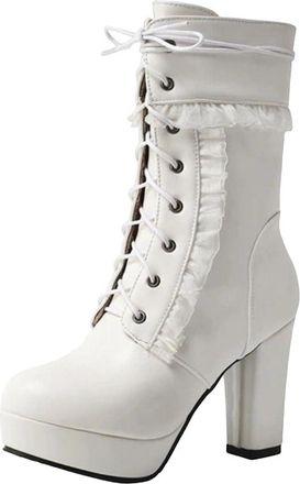 Generic Womens Mid Calf Boots Platform High Heel Lace Up Style Short Booties Fashion Party Footwear Large Size