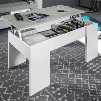 Dmora Dmora - Mesa De Centro Dleal, Mesa De Centro Con Tapa Elevable, Mesa De Centro Para La Sala De Estar, 100x50h45/56 Cm, Blanco Y Cemento