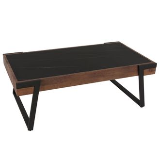 Hhg Hhg - Nunca Usado] Mesa De Centro 701, Mesa De Sof&aacute; Mesa De Sal&oacute;n, Hierro 43x120x64cm Piedra Sinterizada Aspecto M&aacute;rmol Negro Madera Marr&oacute;n Oscuro