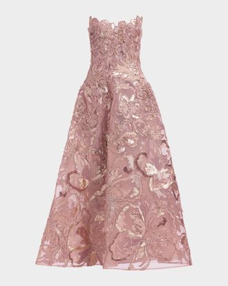 Elie Saab Strapless Floral Sequined Tea-Length Gown