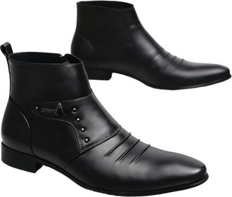 Generic Mens PU Leather Office Dress Boots Round Toe Short Boots with Side Zipper Flat Heel Formal Boot,Black,5.5 UK