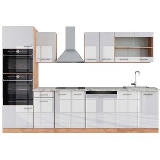 Vicco Mueble De Cocina R-line, Blanco Brillo Intenso/roble Dorado, 300 Cm Con Armario Alto, Et M&aacute;rmol