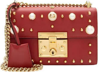 Gucci Red Leather Pearl Stud Padlock Small Shoulder Bag (Authentic Pre-Loved)