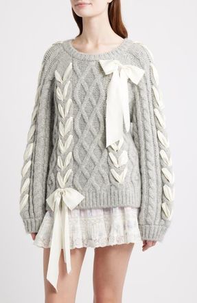 LoveShackFancy Kloss Ribbon Detail Alpaca Blend Cable Sweater in Grey Melange at Nordstrom, Size Xx-Small