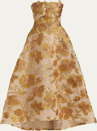 Monique Lhuillier Metallic Floral Embroidered High-Low Strapless Gown