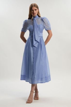 Karen Millen Womens Organdie Tie Neck Woven Midi Dress - Light Blue Linen - Size 10 UK