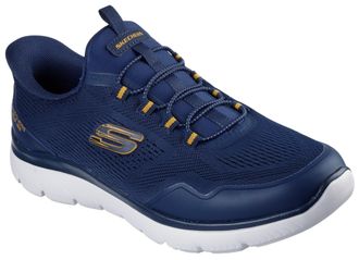 Skechers Slip-On Sneaker SKECHERS SUMMITS, Herren, Gr. 47,5, blau (navy, gelb), Textil, Schuhe Slip-On Sneaker, Freizeitschuh, Schn&uuml;rschuh mit Memory Foam