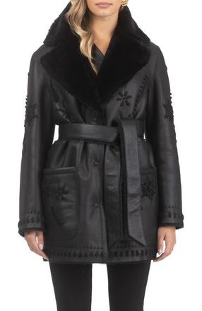 Gorski Genuine Shearling Short Jacket with Embroidery, Belt in Black/black at Nordstrom, Size X-Large