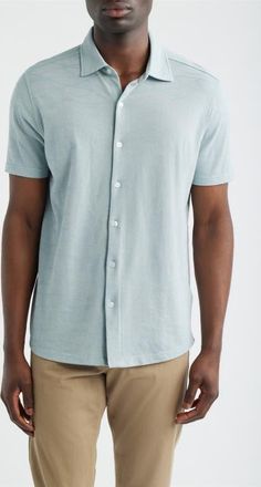 Robert Barakett Graham Short Sleeve Sleeve Knit Button-Up Shirt in Soft Teal at Nordstrom, Size Xx-Large