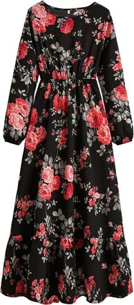 Generic Floar Dresses for Women UK Loose Casual Long Sleeve Dress Crew Neck Flowy Midi Dress Elastic Waist Vacation Sundress Ladies Boho Flowr Print A Line El