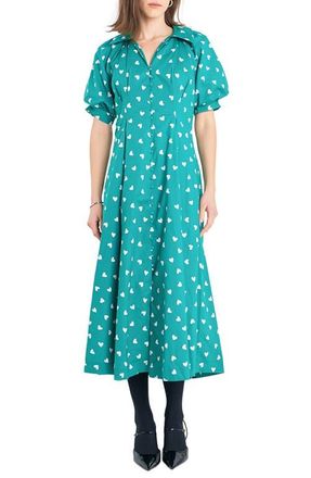 English Factory Heart Print Cotton Midi Dress in Green at Nordstrom, Size X-Small