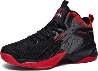 Generic Mens Basketball Shoes High Top Fly Woven Breathable Lightweight and Wear-Resistant Outdoor Sports Walking Shoes(Black/Red,12.5 UK)