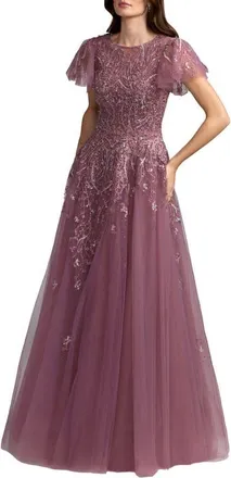 Mac Duggal Beaded Embroidered Tulle Flutter Sleeve Ball Gown in Wisteria at Nordstrom, Size 16