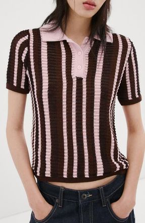 Mango Stripe Short Sleeve Polo Sweater in Chocolate at Nordstrom, Size X-Small