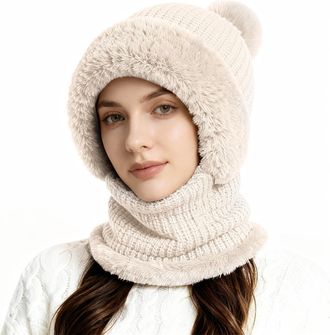 Generic 3 in 1 Hat for Women Winter Cap with Neck Warmer Scarf Mask Hats for Outdoor Skiing Hiking Winter Snow Caps Plush Hat Beige