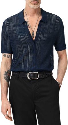 John Varvatos Ginsberg Herringbone Cotton Blend Sweater in Deep Blue at Nordstrom, Size Xx-Large