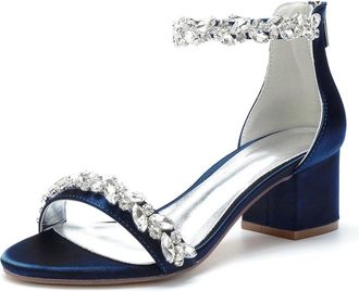 Generic Wedding Bridal Shoes Women Block Heel Wedding High Sandals Rhinestones Ankle Strap Low Heel Bridal Shoes 5.5Cm,Dark Blue,10 UK