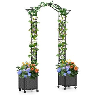 Costway Arco da giardino da 208 cm con 2 fioriere e traliccio, pergolato da esterno in metallo rivestito in PE antiruggine con ruote autoirriganti, grigio