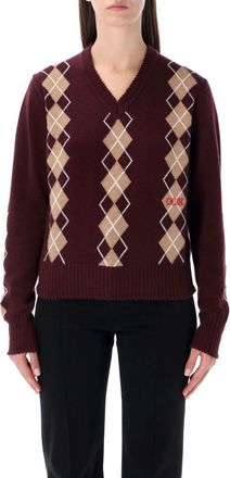 Chloé Burgundy Wool Cashmere Argyle Knit Sweater