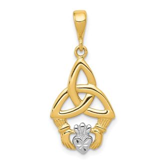Diamond2Deal 14k Yellow Gold Rhodium Diamond-cut Claddagh Pendant