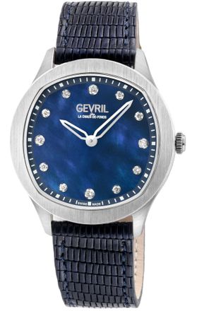 Gevril Group WoMens Morcote Swiss Diamond Watch Blue MOP, Genuine Italian Leather - Silver - One Size