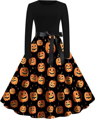 Generic Halloween Costumes Adult Women, Ladies Halloween Dress Retro Pumpkin Skeleton Print Long Sleeve A Line Swing Dress Black Vintage Skull Witch Rockabill
