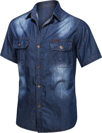 Generic Man Shirt Retro Casual Denim Shirt Short Sleeve Pocket Turn Down Button Mens Large Short Sleeve T Shirts (Dark Blue, XL)