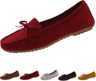 Generic Womens Faux Suede Orthopedic Flat Shoes with Bow, Outdoor Slip on Driving Moccasins, Business Casual Penny Loafers (Red,3.5)