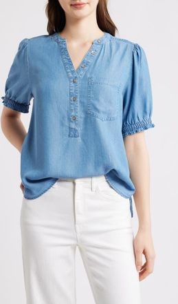 Beach Lunch Lounge Lowen Short Sleeve Chambray Top in Medium Wash at Nordstrom, Size X-Small