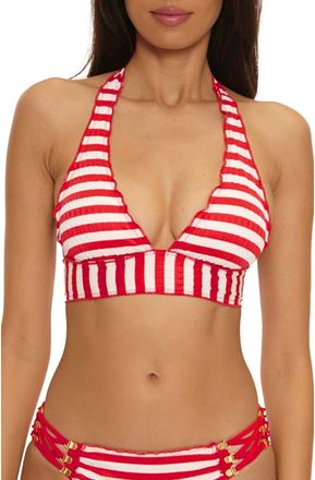 BECCA by Rebecca Virtue Sail Away Stripe Halter Bikini Top in Ruby at Nordstrom, Size Medium