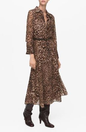 Mango Leopard Print Long Sleeve Shirtdress in Brown at Nordstrom Rack, Size 2