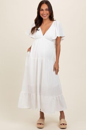 Pinkblush Deep V-Neck Flutter Sleeve Tiered Midi Dress in Ivory at Nordstrom, Size Large