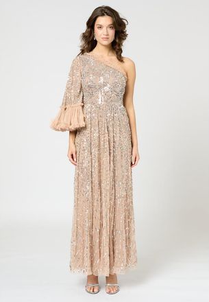 Beauut One Shoulder Embellished Sequin Beaded Maxi Dress in Taupe Blush at Nordstrom, Size 14