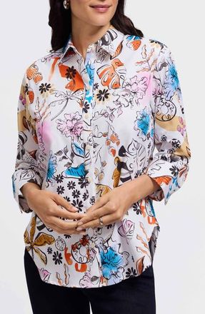 Foxcroft Meghan Watercolor Print Cotton Button-Up Shirt in White/Orange Multi at Nordstrom, Size X-Small