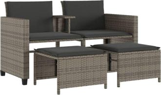 vidaXL Sof&aacute; De Jard&iacute;n 2 Plazas Con Mesa Y Taburetes Rat&aacute;n Pe Gris Vidaxl