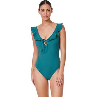 Gottex Bachelorette V-Neck Ruffle One Piece in Lagoon at Nordstrom, Size 10