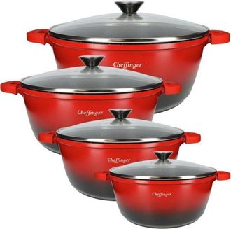 OEM Marmitas - Cheffinger - Lote De 4 - Antiadherente M&aacute;rmol - Mangos De Silicona - Tapa Transparente