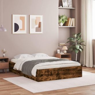 vidaXL Cama Con Cajones Madera De Ingenier&iacute;a Roble Ahumado 135x190 Cm Vidaxl