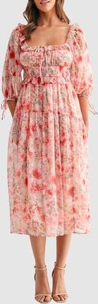 All in Favor Floral Tie Front Midi Dress in Sage/Mauve Floral at Nordstrom Rack, Size X-Small
