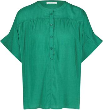 By-Bar Amsterdam Overhemden, Dames, Groen, S, Katoen, Dobby Blouse met Korte Mouwen