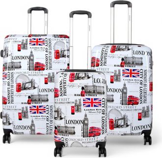 Infinity Leather Uitbreidbare harde schaal witte Londen print 8 wielen reiskoffer