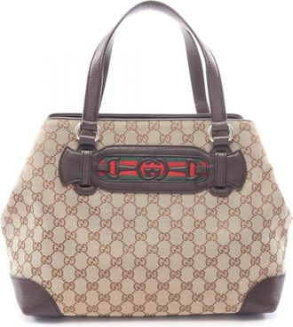 Gucci Beige Brown Multi-Color Canvas Leather Handbag Tote Bag (Pre-Owned)