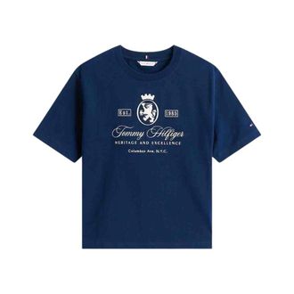 Tommy Hilfiger Tops, Dames, Blauw, S, Katoen, Varsity Crest RLX SS Tee