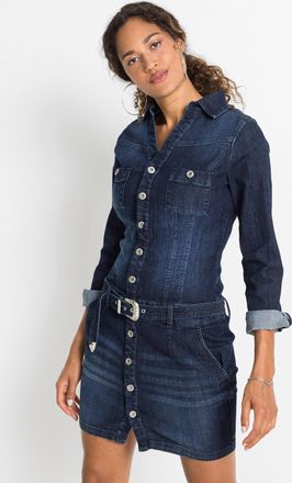 Bonprix Jeanskleid BONPRIX, Damen, Gr. 42, N-Gr, blau (tiefblau denim ungewaschen), Obermaterial: 82% Baumwolle, 17% Polyester, 1% Elasthan, schmal, Kleider J