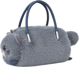 Generic Cartoon Cat Plush Womens Handbag, Large capacity Fluffy Shoulder Bag, Casual Furry Zipper Shoulder Bag Handbag(Grey)