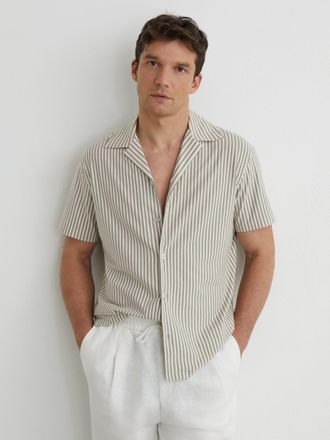 Reiss Soft Sage Green Cotton-blend Stripe Cuban-collar Shirt, Xxl