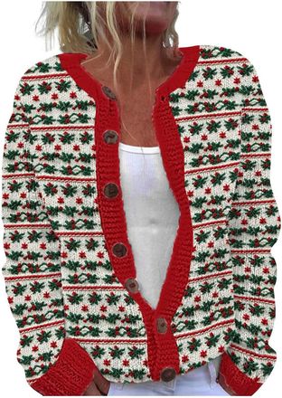 Generic Womens Christmas Sweater Santa Claus Cardigan Knitted Button Blouse Funny Christmas Tree Pullover Long Sleeve Jumpers Xmas Novelty Sweaters Loose Fit 