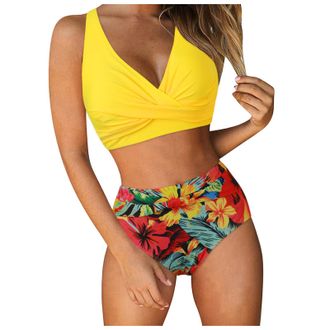 Generic Womens Two Piece Swimsuits Wrap Front Bikini High Waisted Bikini Bottom Bathing Suits with Adjustable Straps Vintage Print Swimwear Ladies Bikini Set 