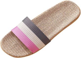 Generic Linen Sliders Women, Womens Slippers Summer Non Slip Slippers Ladies Rattan Bohemia Flat Sliders Casual Indoor Outdoor Beach Slider Pool Holiday Sanda