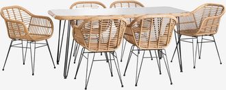 Sklum Sklum - Set De Mesa Rectangular En Mimbre Sint&eacute;tico (180x90 Cm) Leribert Y 6 Sillas De Jard&iacute;n En Mimbre Sint&eacute;tico Zole
